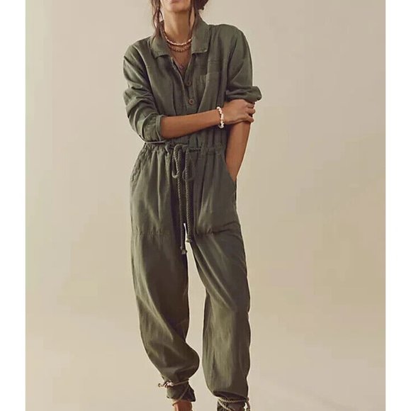 Free People Quinn Coveralls Jumpsuit Button Up Washed Pine - Picture 1 of 8